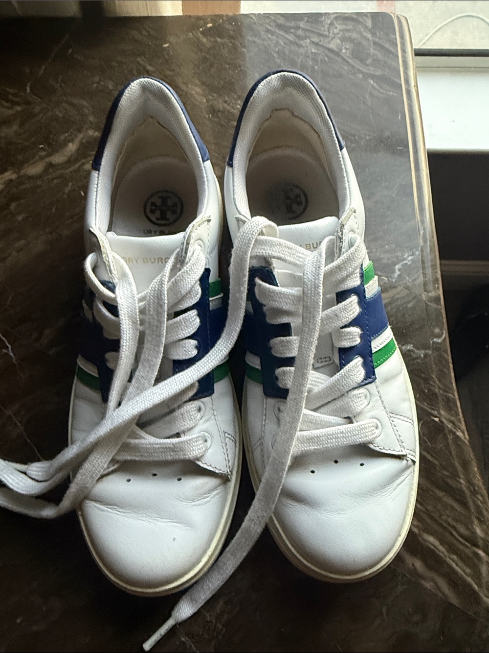 Tory Burch Kids White Sneakers with Blue & Green Stripes